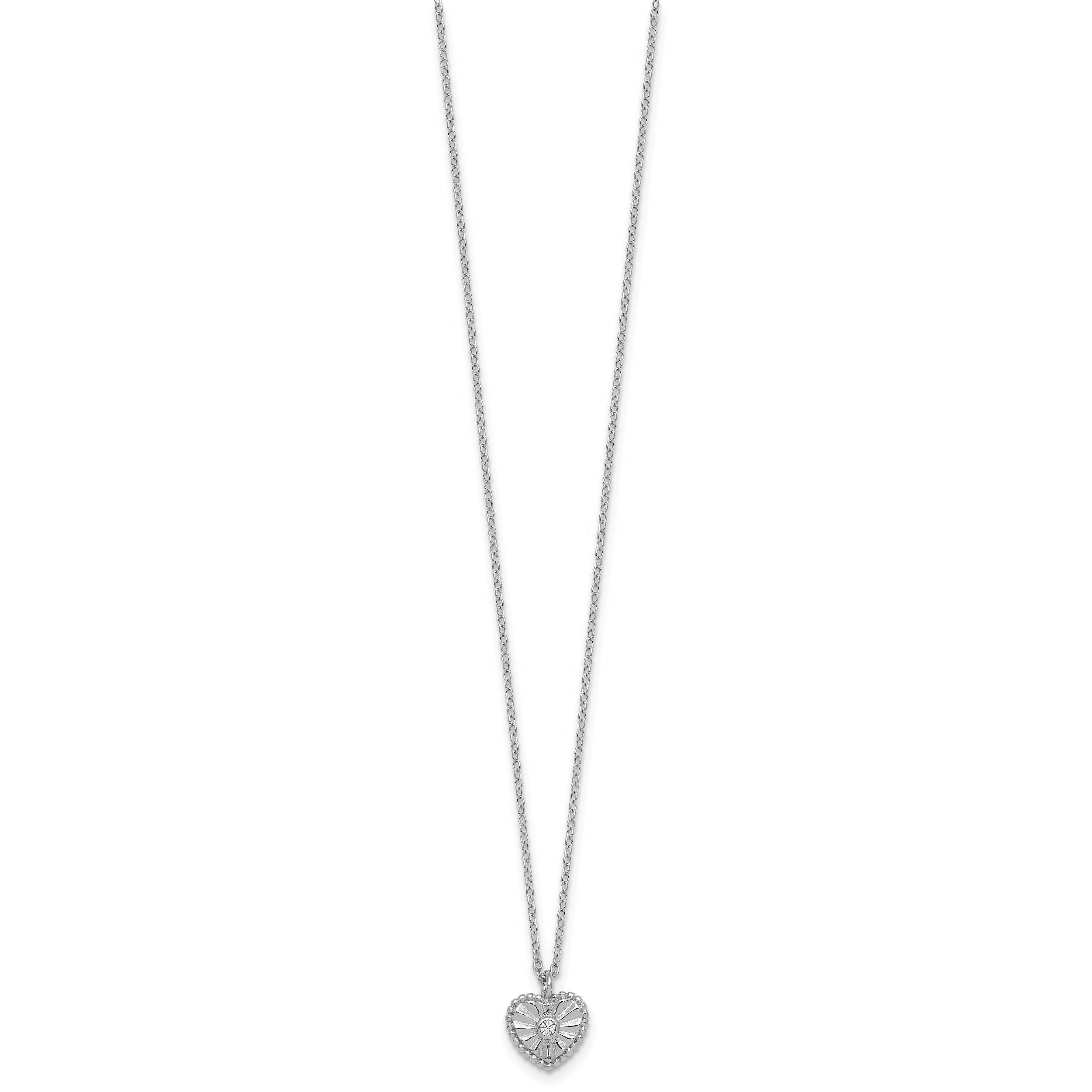 Sterling Silver Rhodium-plated Polished Beaded and Textured CZ Heart 16 Inch with 2 Inch Extension Necklace