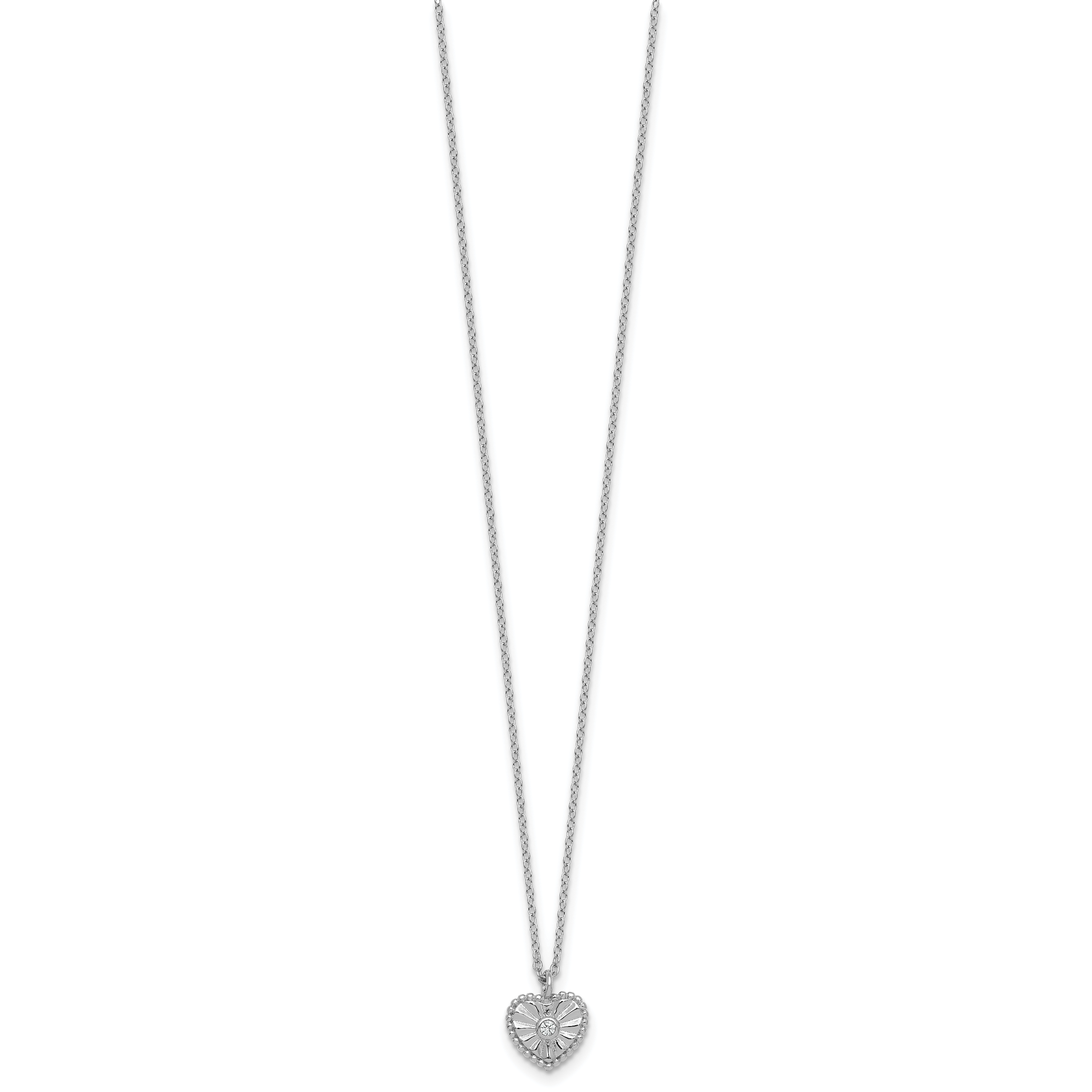 Sterling Silver Rhodium-plated Polished Beaded and Textured CZ Heart 16 Inch with 2 Inch Extension Necklace Secondary image