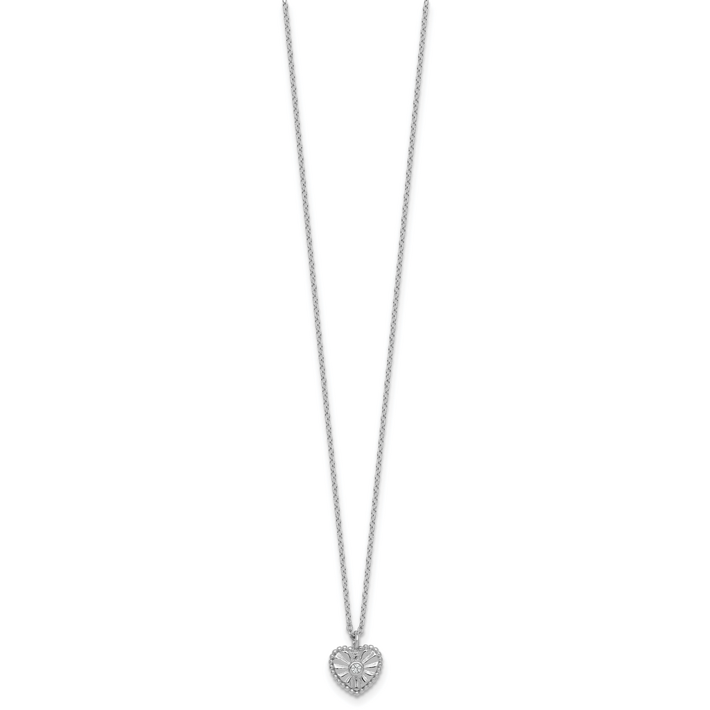 Sterling Silver Rhodium-plated Polished Beaded and Textured CZ Heart 16 Inch with 2 Inch Extension Necklace