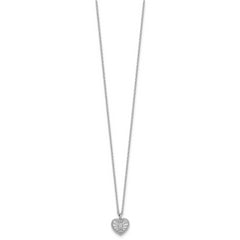 Sterling Silver Rhodium-plated Polished Beaded and Textured CZ Heart 16 Inch with 2 Inch Extension Necklace