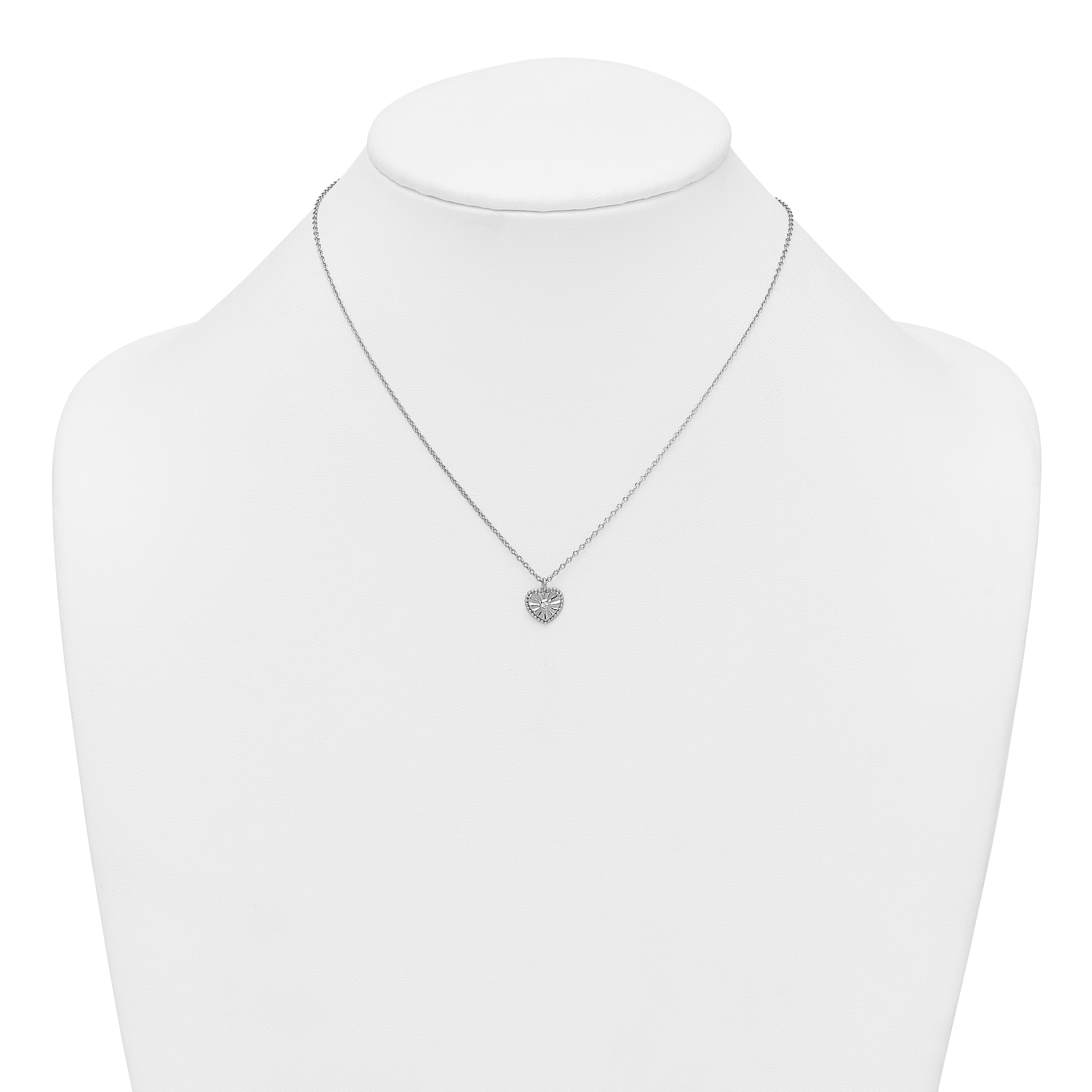 Sterling Silver Rhodium-plated Polished Beaded and Textured CZ Heart 16 Inch with 2 Inch Extension Necklace
