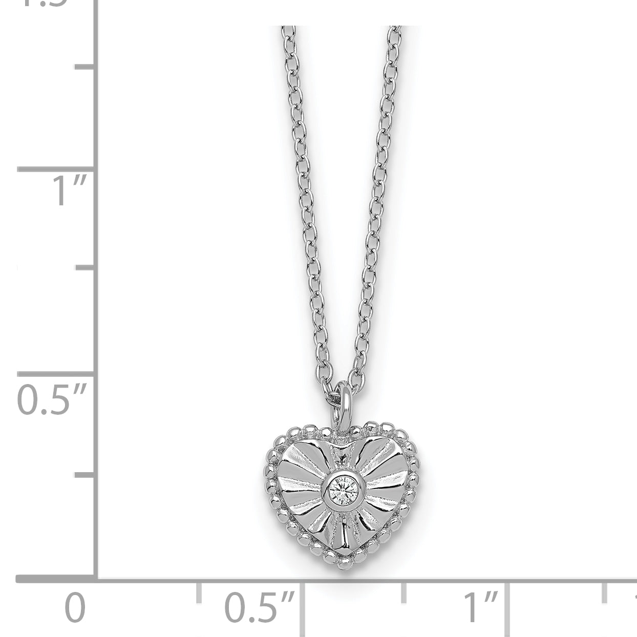 Sterling Silver Rhodium-plated Polished Beaded and Textured CZ Heart 16 Inch with 2 Inch Extension Necklace