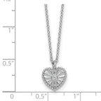 Sterling Silver Rhodium-plated Polished Beaded and Textured CZ Heart 16 Inch with 2 Inch Extension Necklace