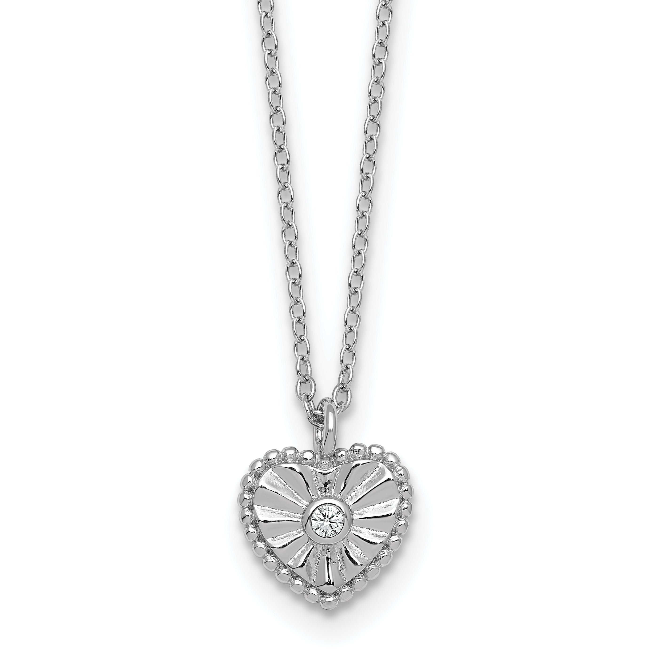 Sterling Silver Rhodium-plated Polished Beaded and Textured CZ Heart 16 Inch with 2 Inch Extension Necklace Main image