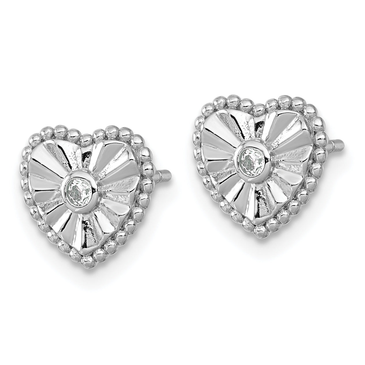 Sterling Silver Rhodium-plated Polished Beaded and Textured CZ Heart Post Earrings Secondary image