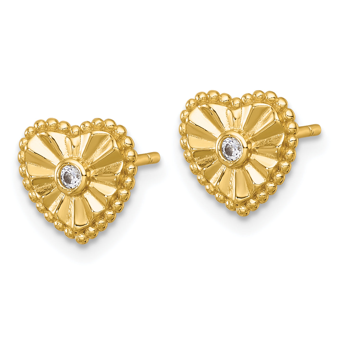 Sterling Silver Gold-tone Polished Beaded and Textured CZ Heart Post Earrings Secondary image