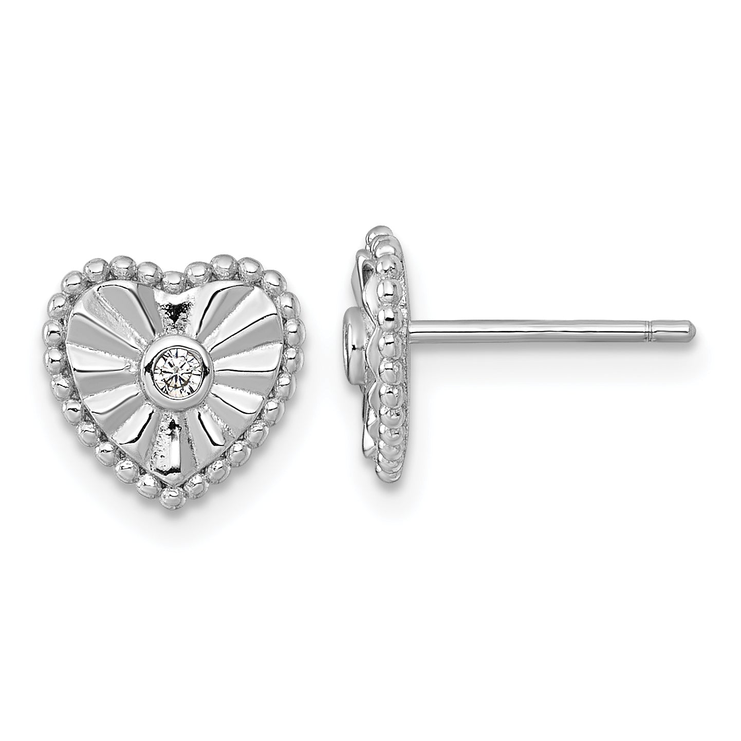 Sterling Silver Rhodium-plated Polished Beaded and Textured CZ Heart Post Earrings Main image
