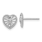 Sterling Silver Rhodium-plated Polished Beaded and Textured CZ Heart Post Earrings