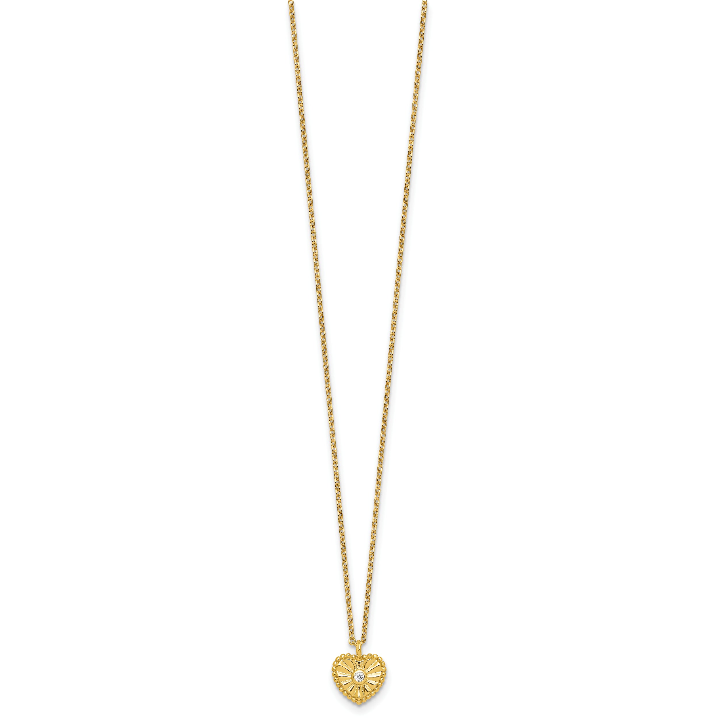 Sterling Silver Gold-tone Polished Beaded and Textured CZ Heart 16 Inch with 2 Inch Extension Necklace