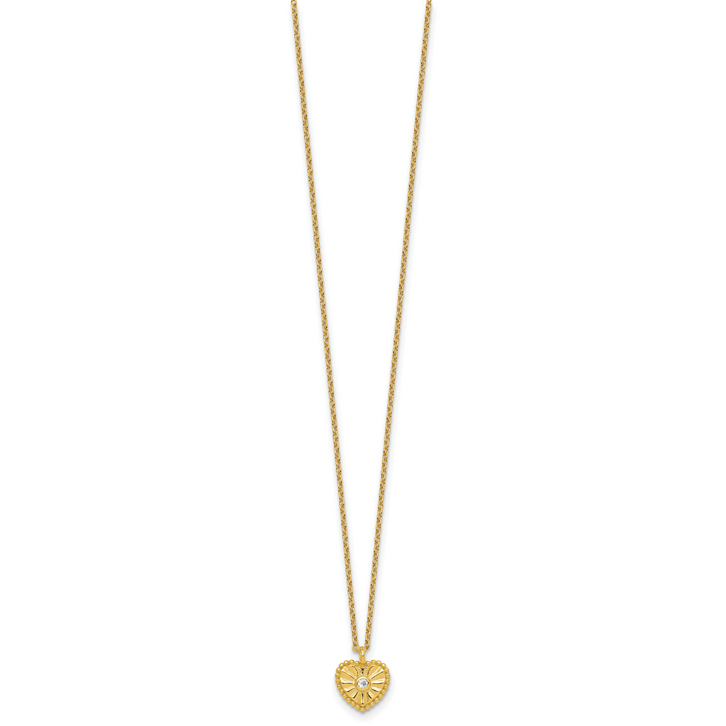 Sterling Silver Gold-tone Polished Beaded and Textured CZ Heart 16 Inch with 2 Inch Extension Necklace