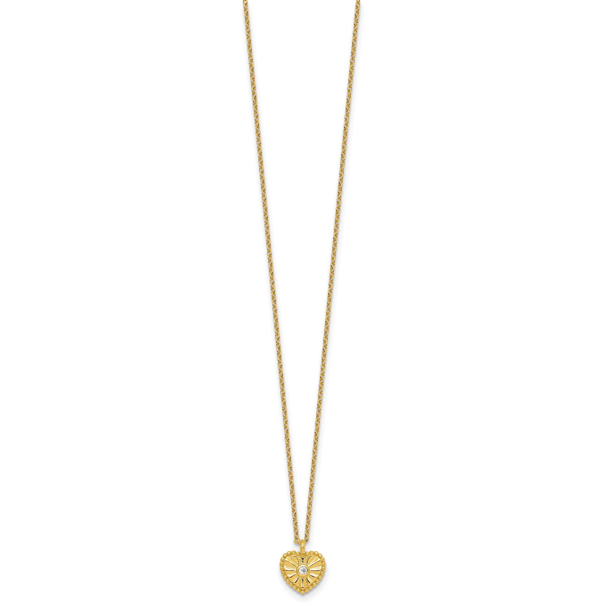 Sterling Silver Gold-tone Polished Beaded and Textured CZ Heart 16 Inch with 2 Inch Extension Necklace