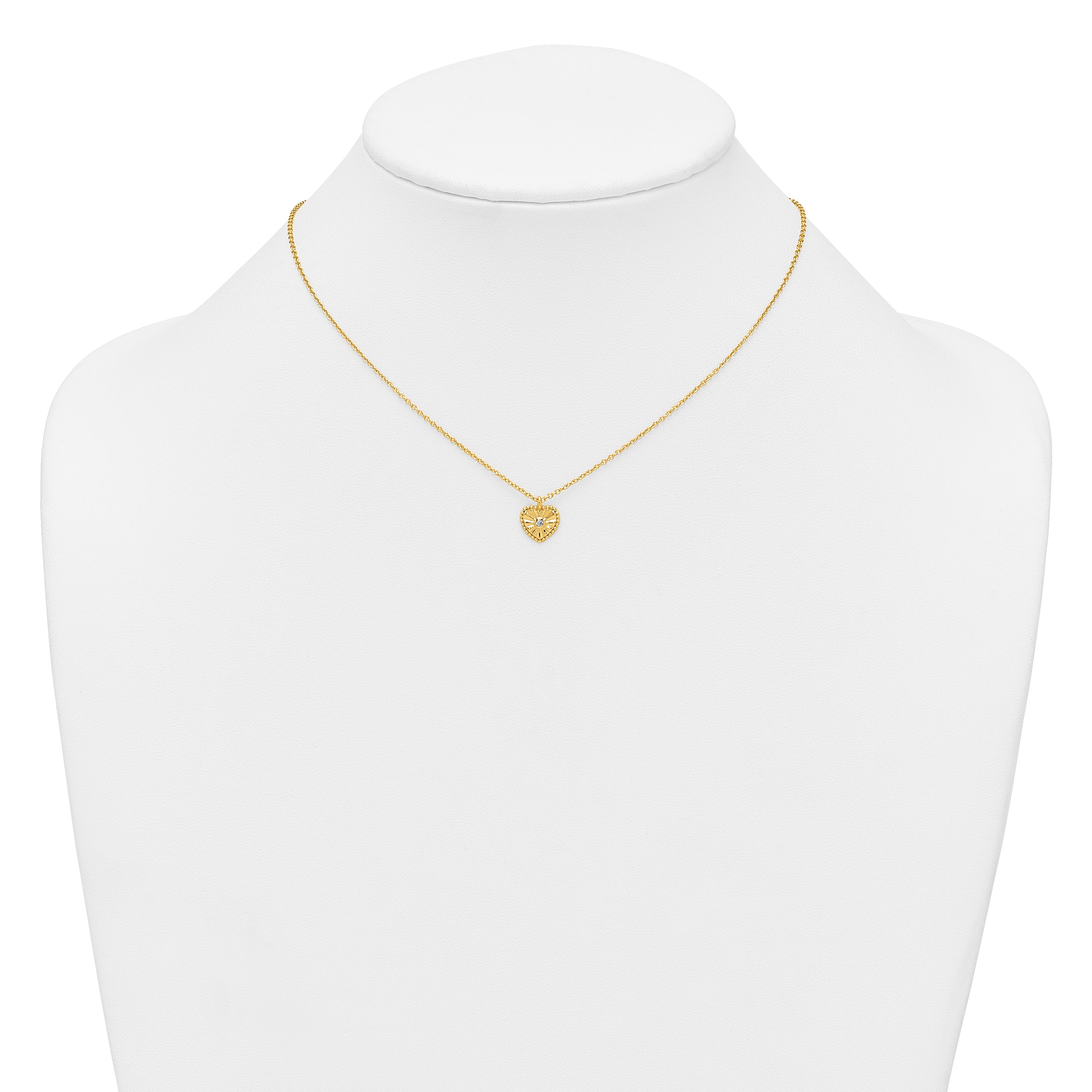 Sterling Silver Gold-tone Polished Beaded and Textured CZ Heart 16 Inch with 2 Inch Extension Necklace