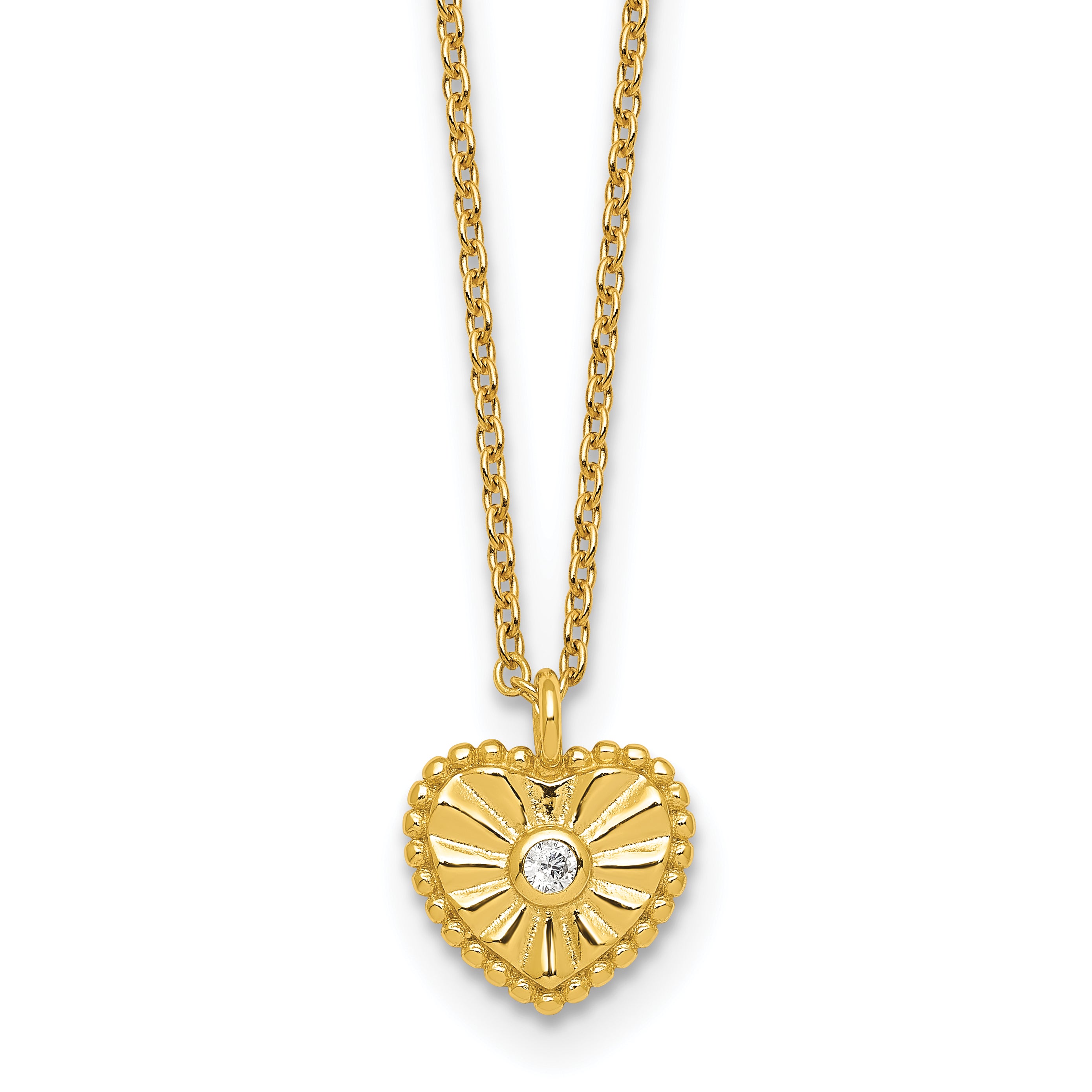 Sterling Silver Gold-tone Polished Beaded and Textured CZ Heart 16 Inch with 2 Inch Extension Necklace Main image