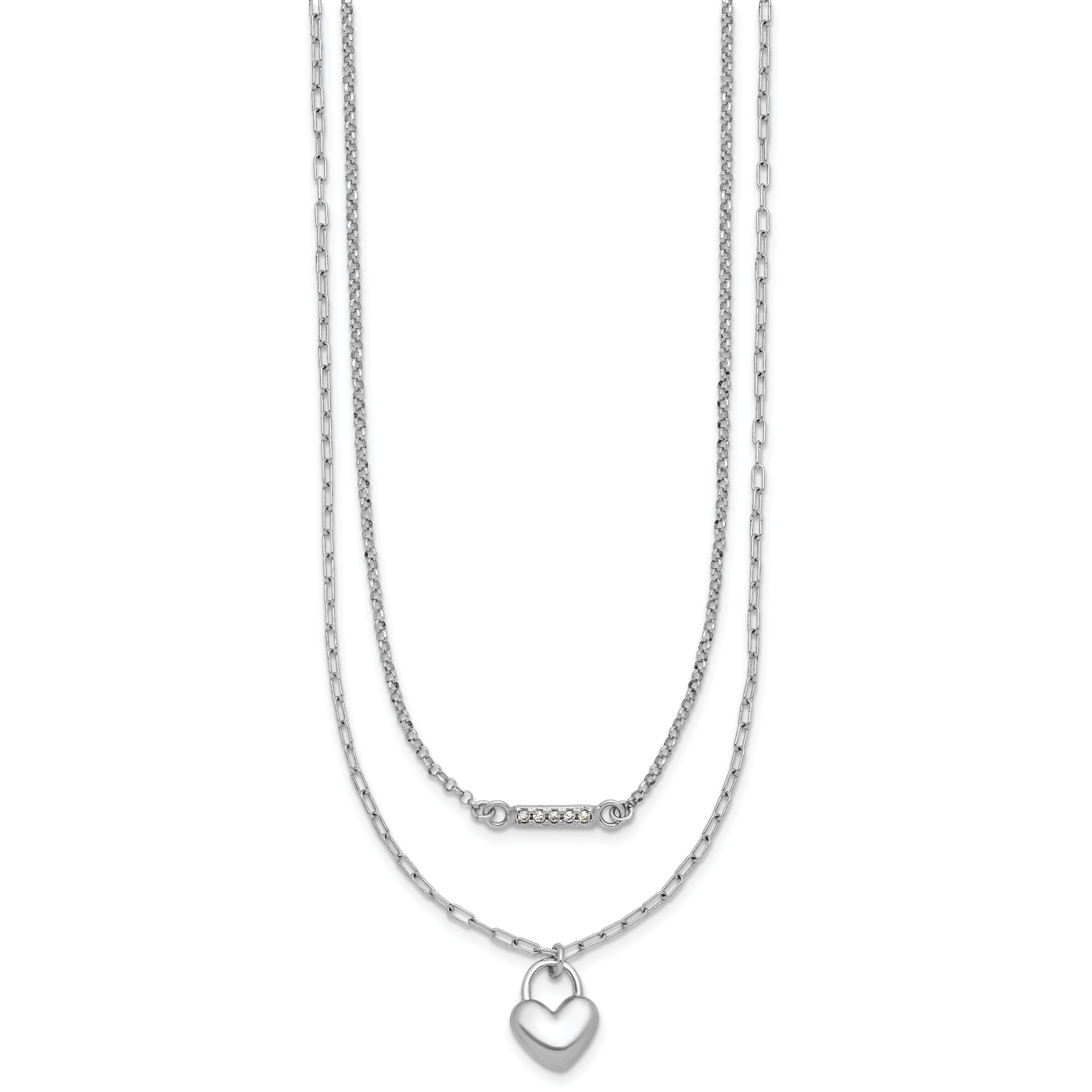 Sterling Silver Rhodium-plated CZ Puffed Heart 16 inch with 2 inch extender 2-strand Necklace