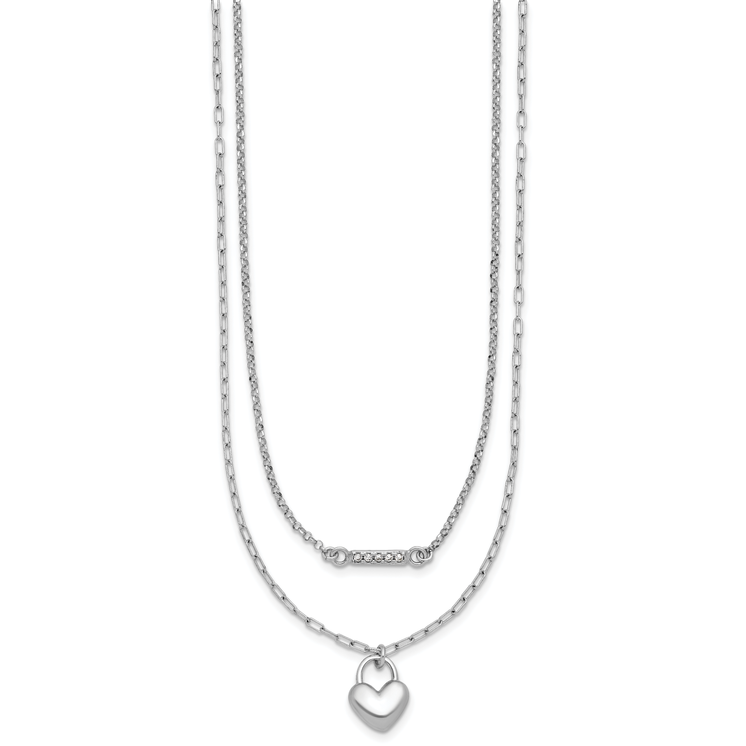 Sterling Silver Rhodium-plated CZ Puffed Heart 16 inch with 2 inch extender 2-strand Necklace