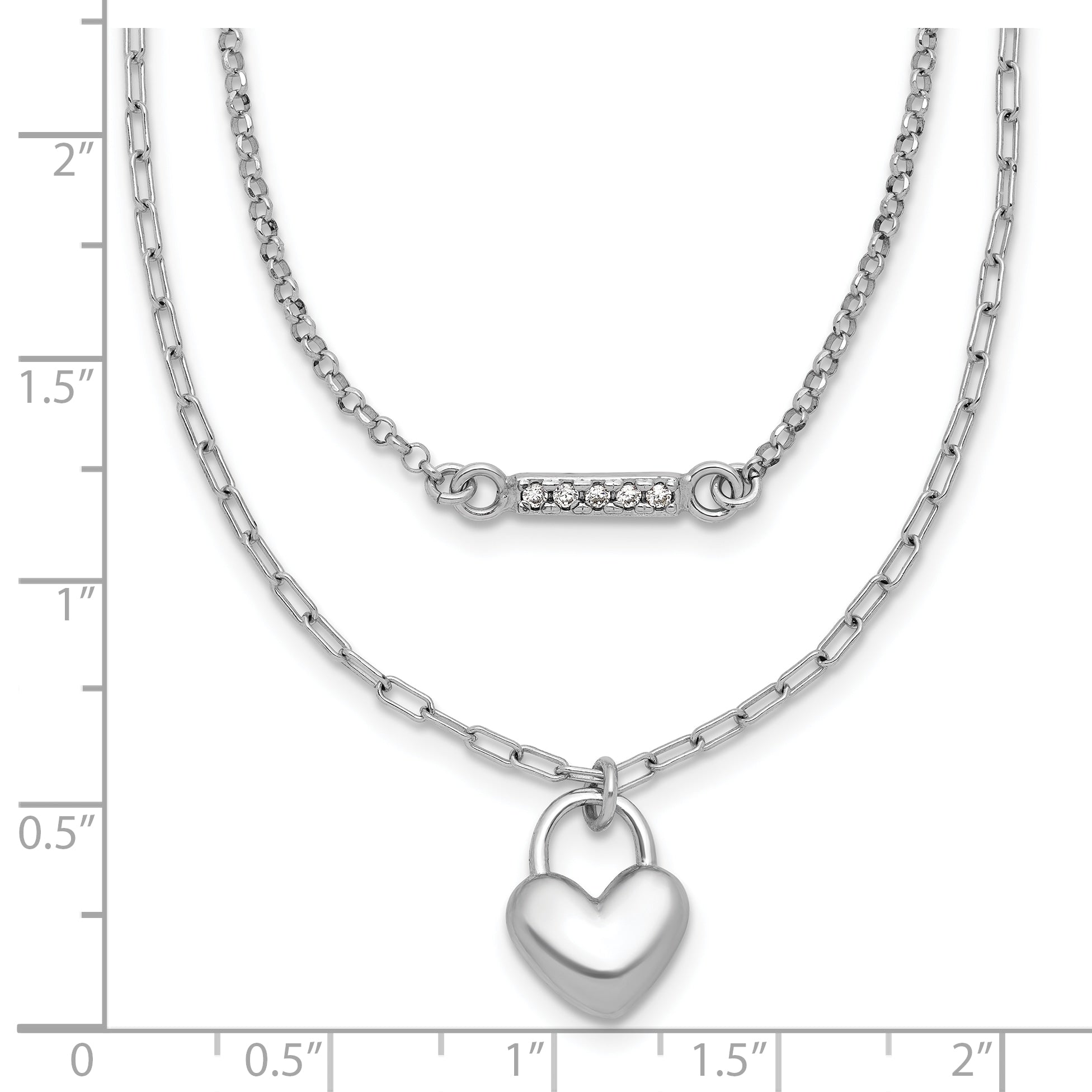 Sterling Silver Rhodium-plated CZ Puffed Heart 16 inch with 2 inch extender 2-strand Necklace