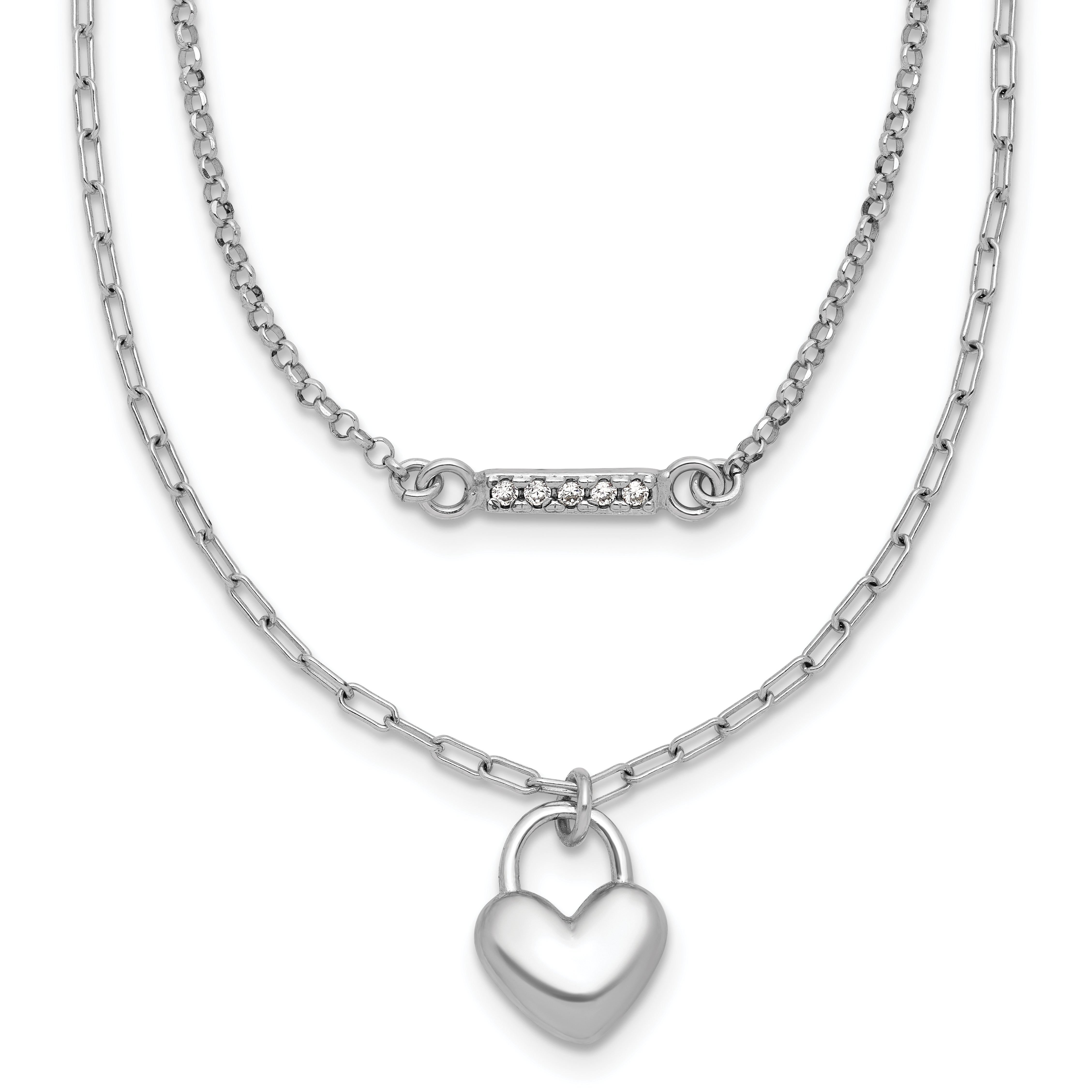 Sterling Silver Rhodium-plated CZ Puffed Heart 16 inch with 2 inch extender 2-strand Necklace Main image