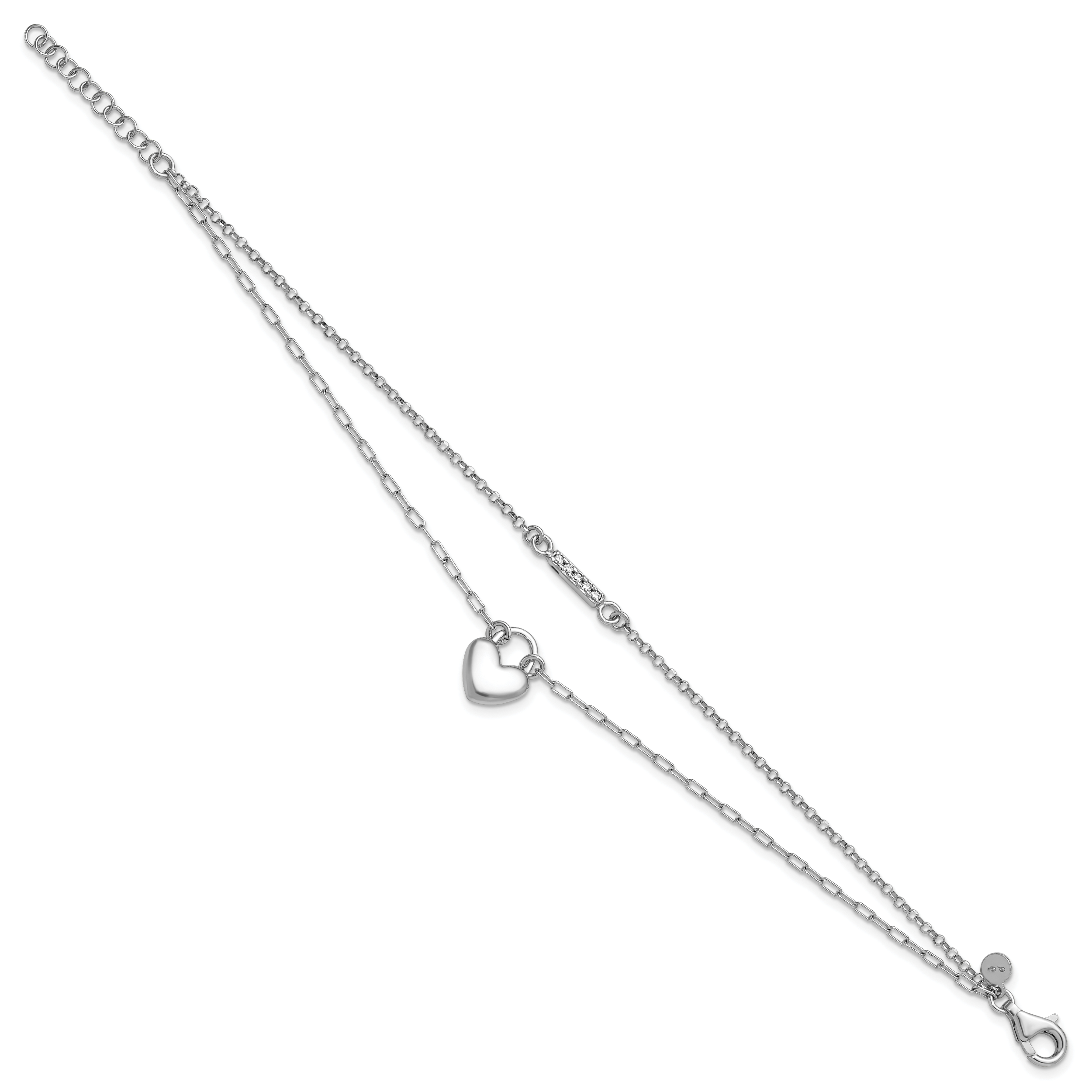 Sterling Silver Rhodium-plated CZ Puffed Heart 7 inch with 1 inch extender 2-strand Bracelet Secondary image