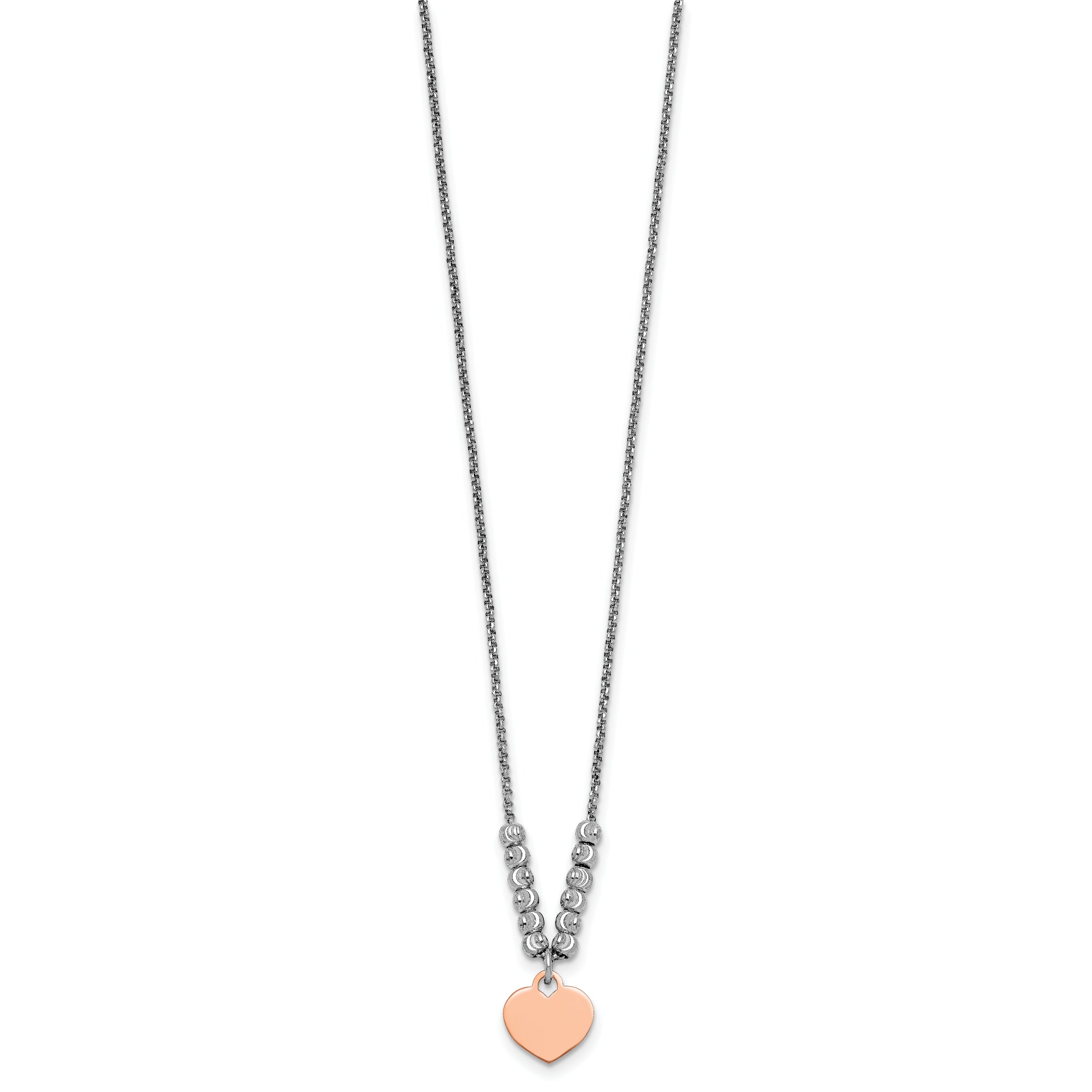 Sterling Silver Rhodium-plated Rose Gold-plated Heart Disc and Textured Beads 16 inch with 1 inch extension Necklace