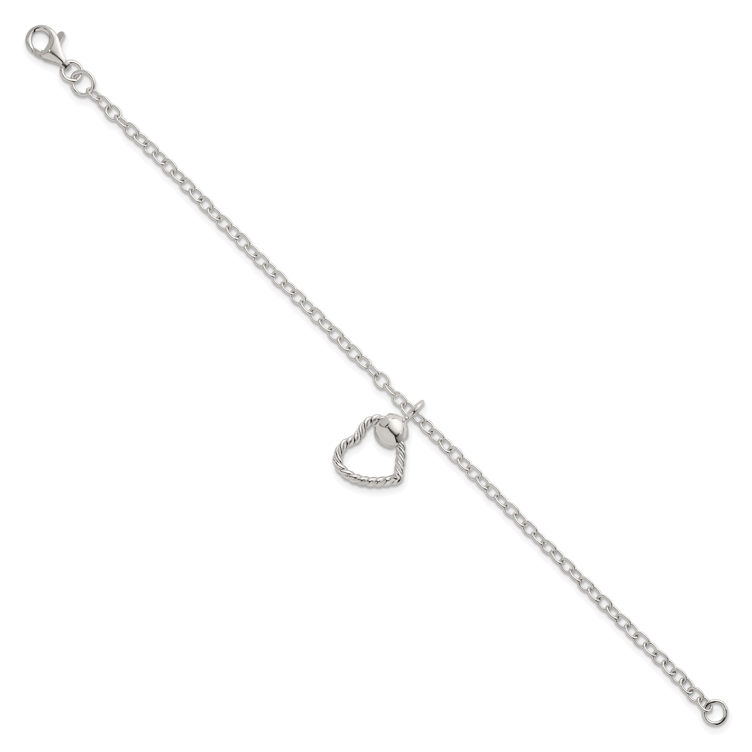 Sterling Silver Polished and Twisted Heart Dangle 7.5 Inch Cable Chain Bracelet Secondary image