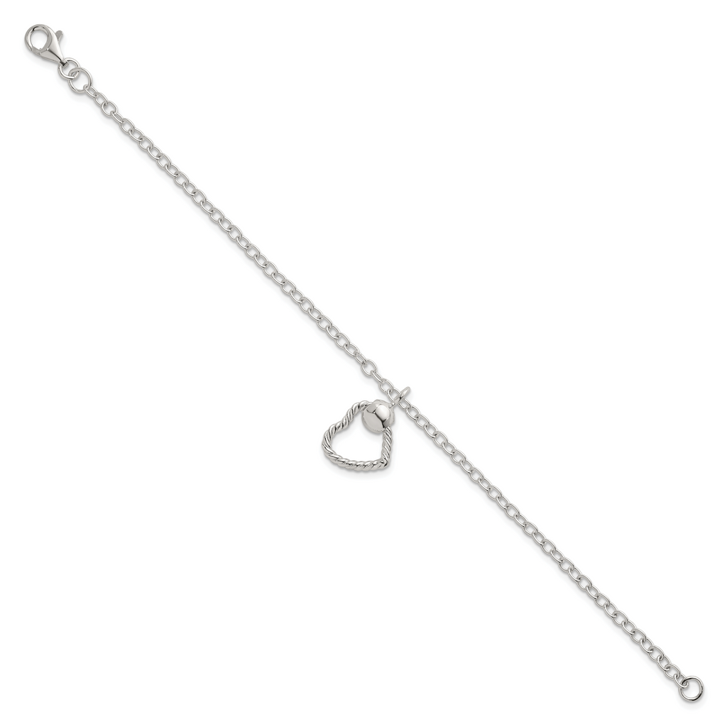 Sterling Silver Polished and Twisted Heart Dangle 7.5 Inch Cable Chain Bracelet