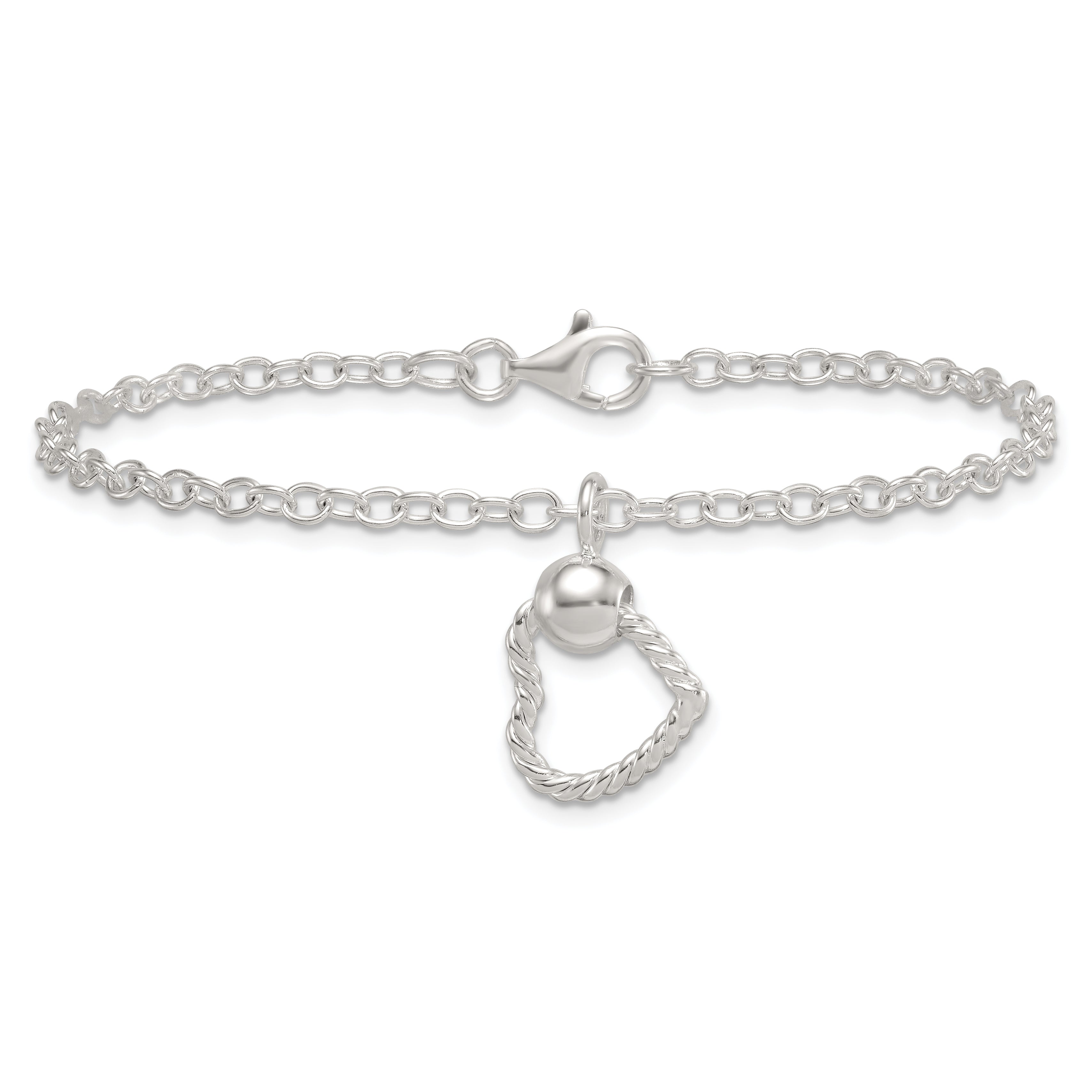 Sterling Silver Polished and Twisted Heart Dangle 7.5 Inch Cable Chain Bracelet