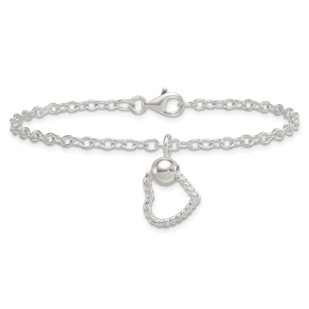 Sterling Silver Polished and Twisted Heart Dangle 7.5 Inch Cable Chain Bracelet