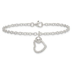 Sterling Silver Polished and Twisted Heart Dangle 7.5 Inch Cable Chain Bracelet