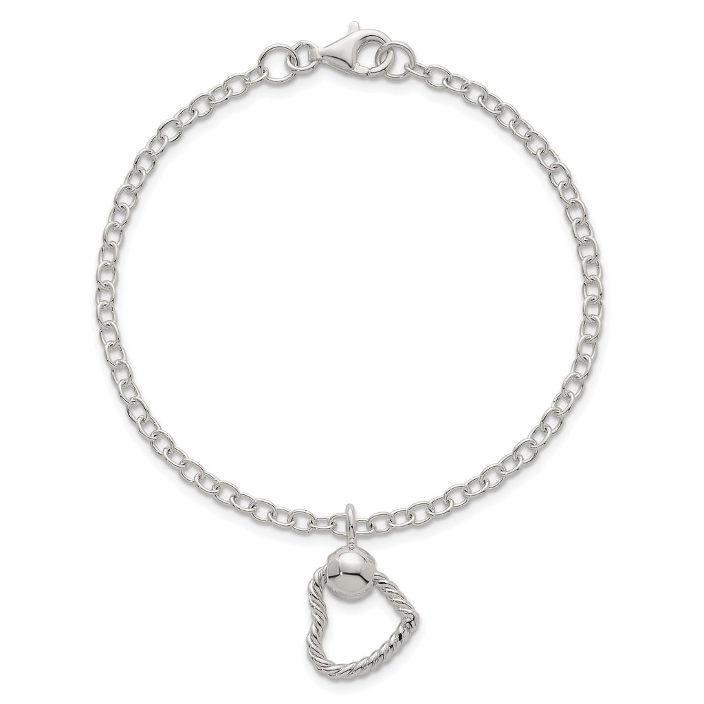 Sterling Silver Polished and Twisted Heart Dangle 7.5 Inch Cable Chain Bracelet