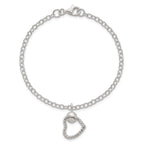 Sterling Silver Polished and Twisted Heart Dangle 7.5 Inch Cable Chain Bracelet