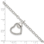 Sterling Silver Polished and Twisted Heart Dangle 7.5 Inch Cable Chain Bracelet