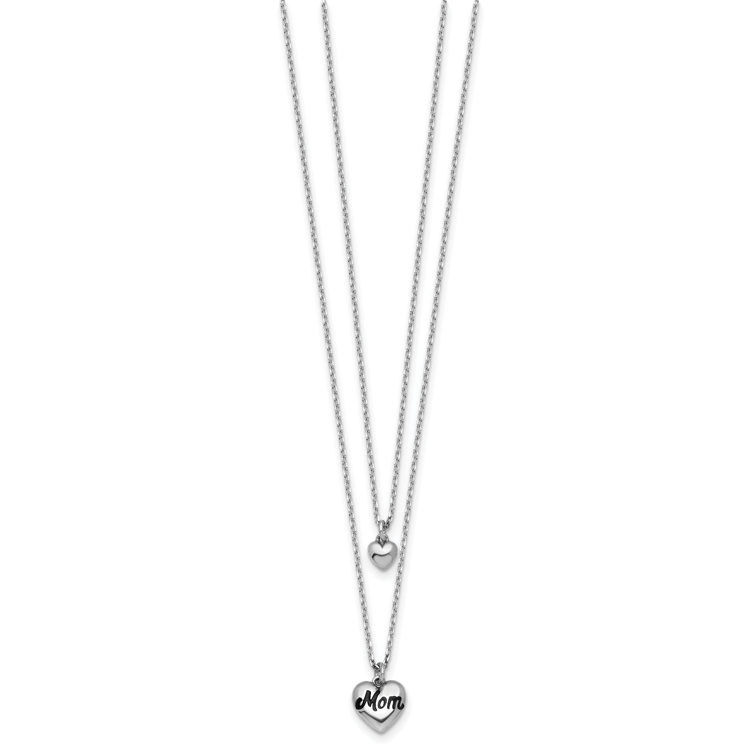 Sterling Silver Rhodium-plated Two-Strand Black Enameled MOM Puffed Heart and Small Heart 16 inch with 1 inch extension Necklace Secondary image