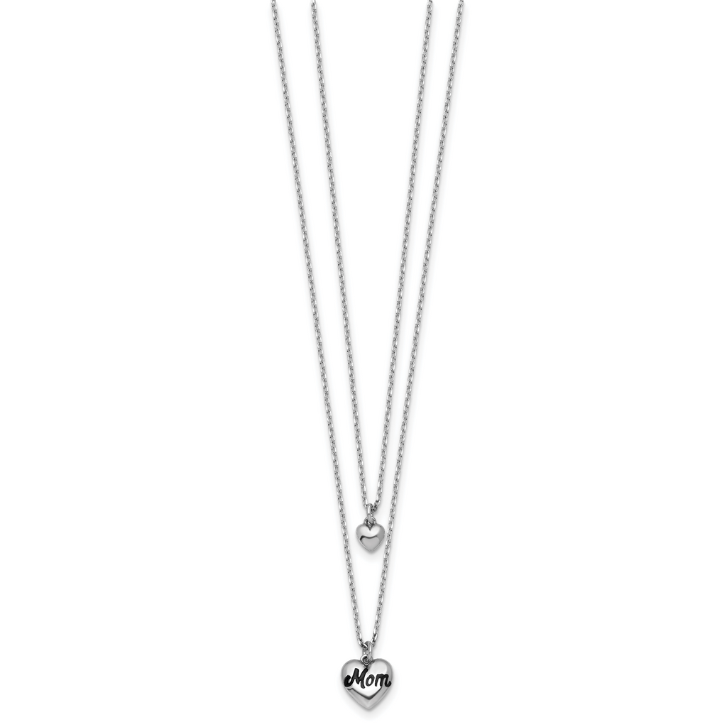 Sterling Silver Rhodium-plated Two-Strand Black Enameled MOM Puffed Heart and Small Heart 16 inch with 1 inch extension Necklace