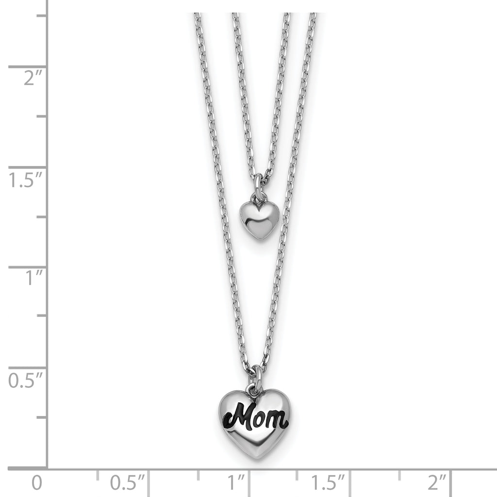 Sterling Silver Rhodium-plated Two-Strand Black Enameled MOM Puffed Heart and Small Heart 16 inch with 1 inch extension Necklace