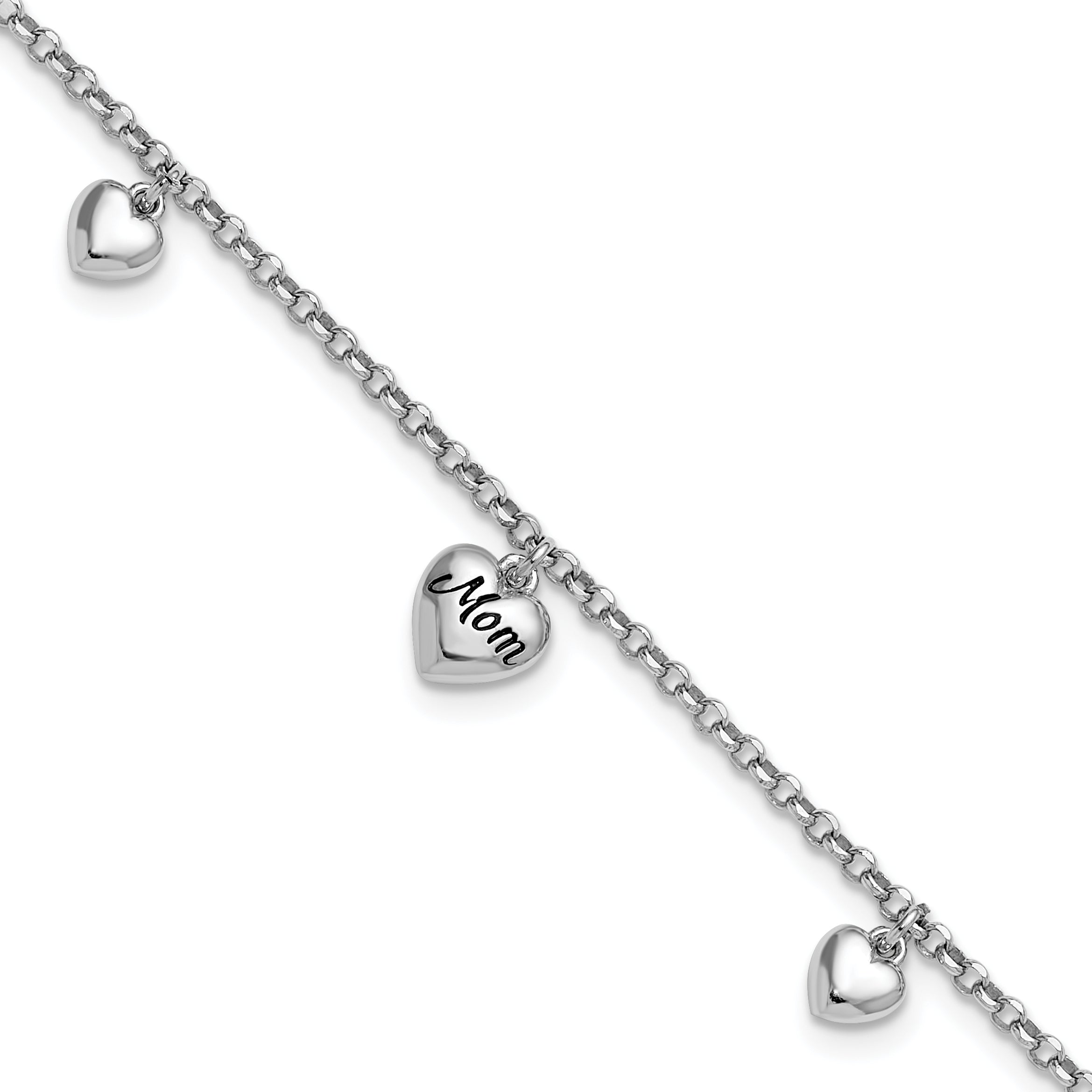 Sterling Silver Rhodium-plated Black Enameled MOM Puffed Heart with Heart Charms 6.5 inch with 0.75 inch extension Bracelet Main image