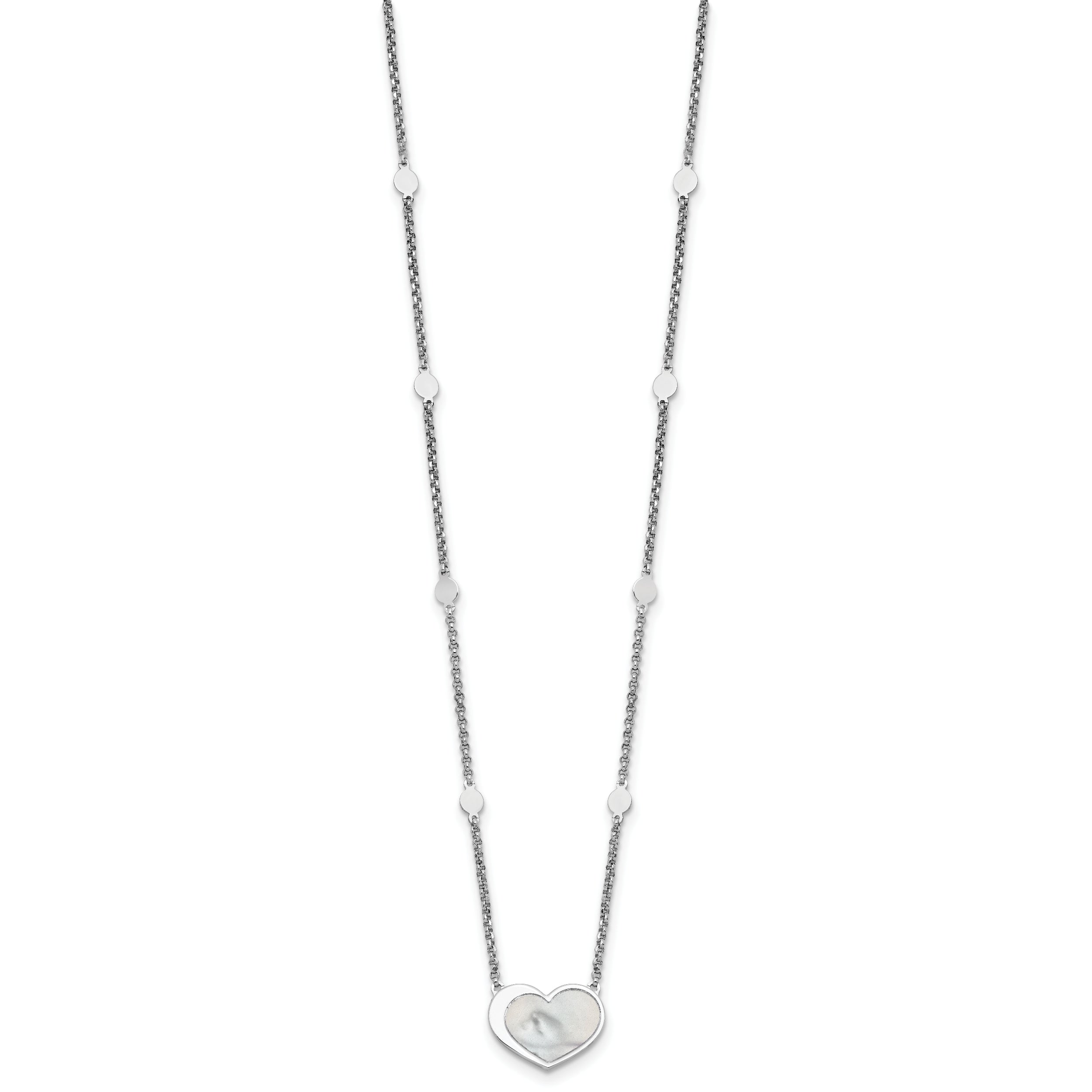 Sterling Silver Rhodium-plated Mother of Pearl Heart 16 inch with 1 inch extension Station Necklace