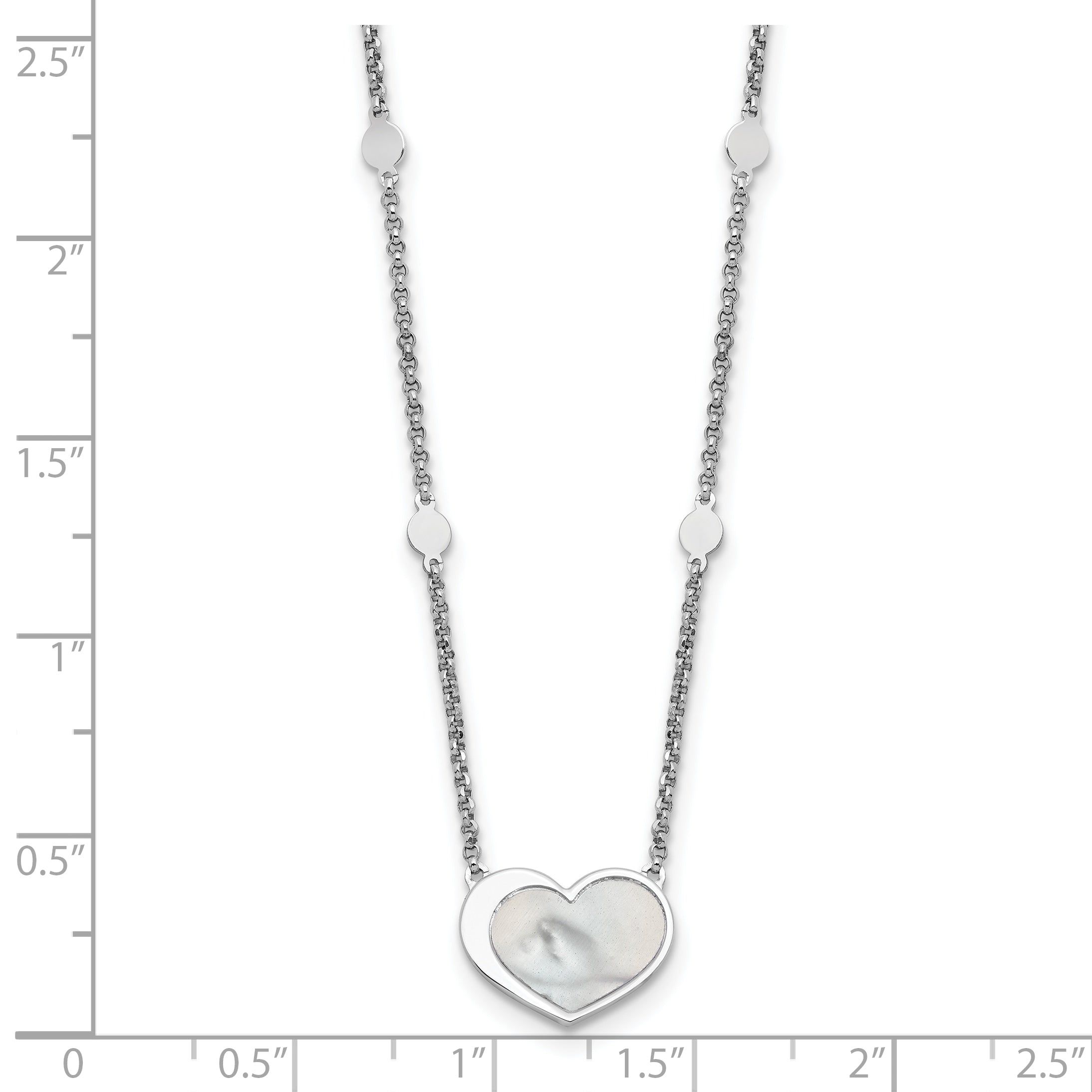 Sterling Silver Rhodium-plated Mother of Pearl Heart 16 inch with 1 inch extension Station Necklace