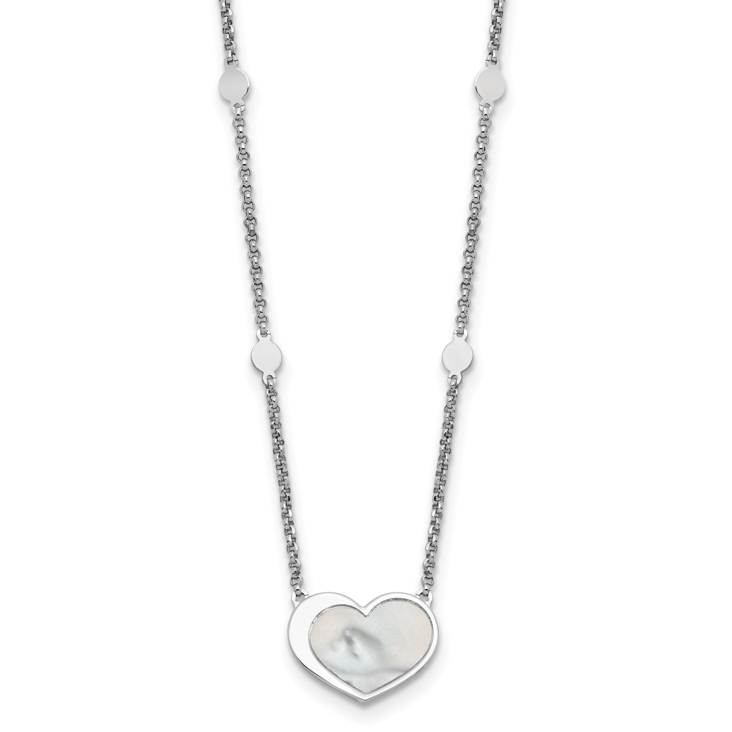 Sterling Silver Rhodium-plated Mother of Pearl Heart 16 inch with 1 inch extension Station Necklace