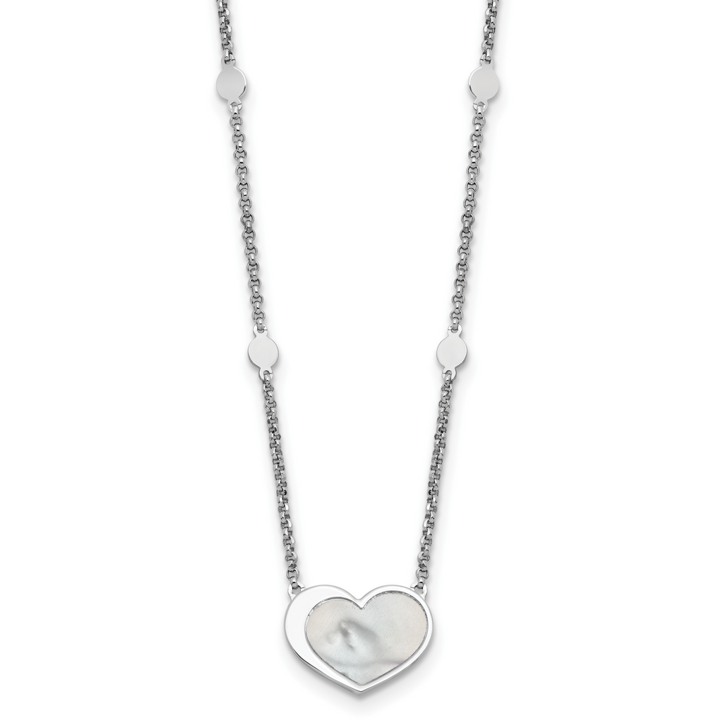 Sterling Silver Rhodium-plated Mother of Pearl Heart 16 inch with 1 inch extension Station Necklace
