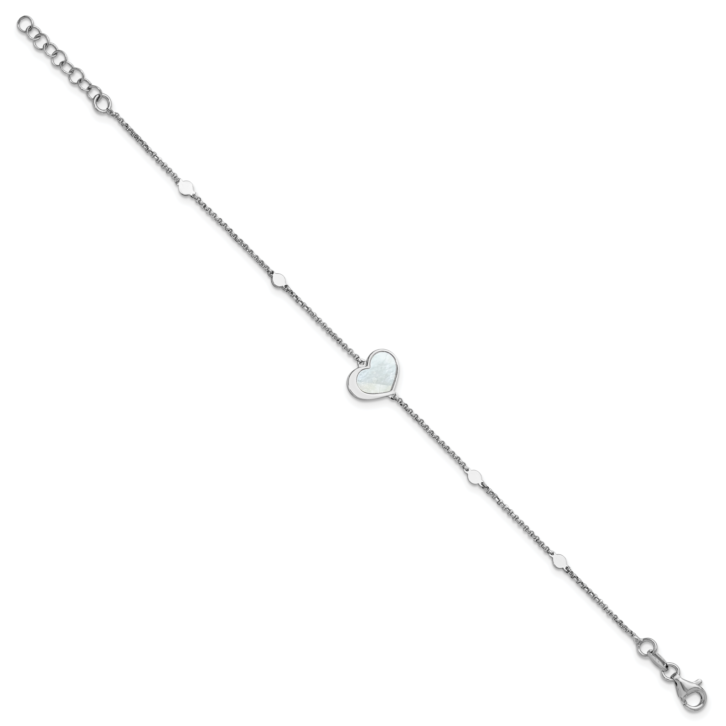 Sterling Silver Rhodium-plated Mother of Pearl Heart 6.5 inch with 1 inch extension Bracelet