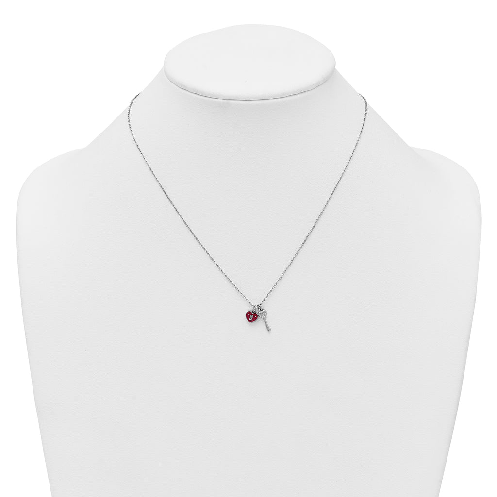 Sterling Silver Rhodium-plated Red Enameled Heart Lock and Key 16 inch with 1 inch extension Necklace