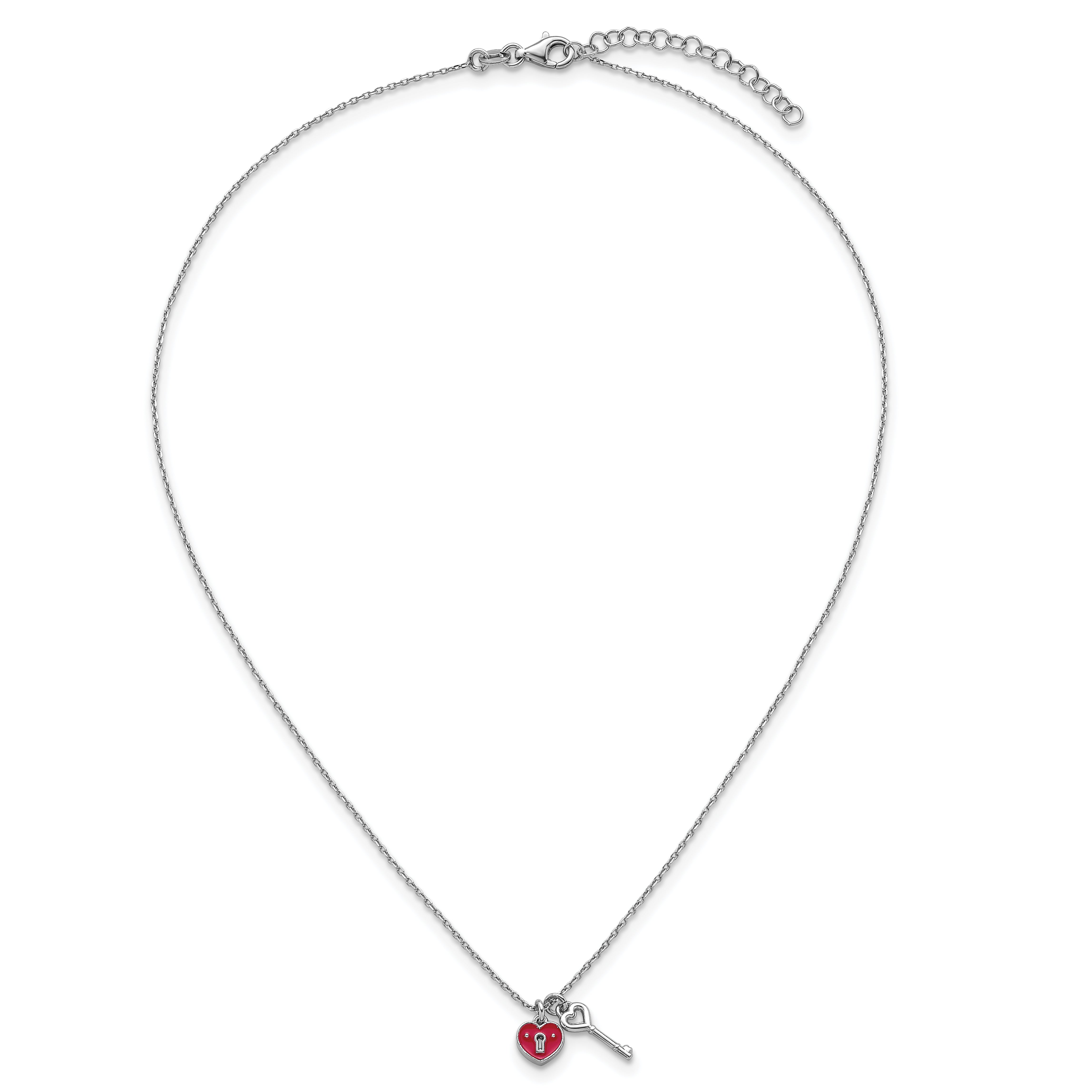 Sterling Silver Rhodium-plated Red Enameled Heart Lock and Key 16 inch with 1 inch extension Necklace