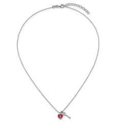Sterling Silver Rhodium-plated Red Enameled Heart Lock and Key 16 inch with 1 inch extension Necklace