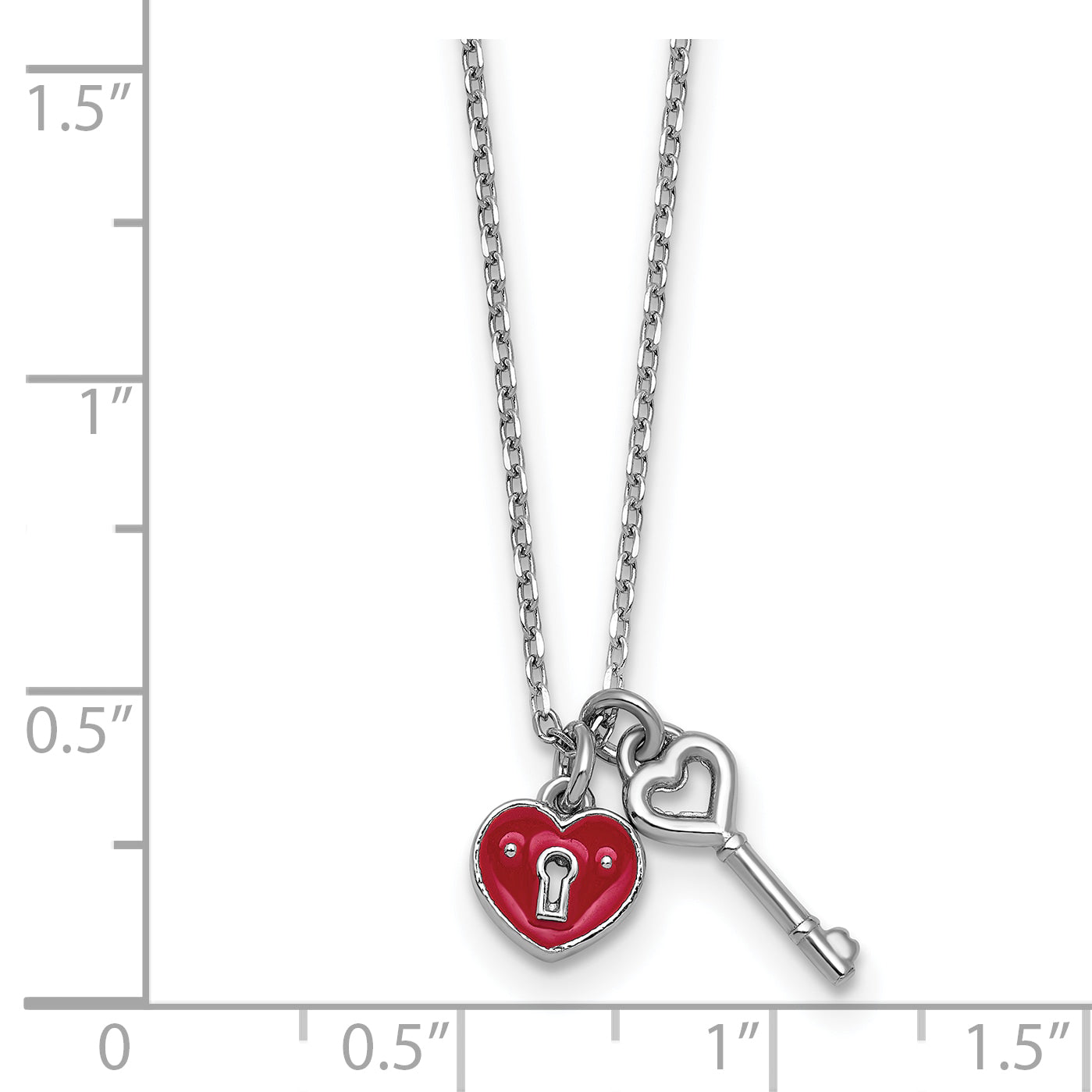 Sterling Silver Rhodium-plated Red Enameled Heart Lock and Key 16 inch with 1 inch extension Necklace