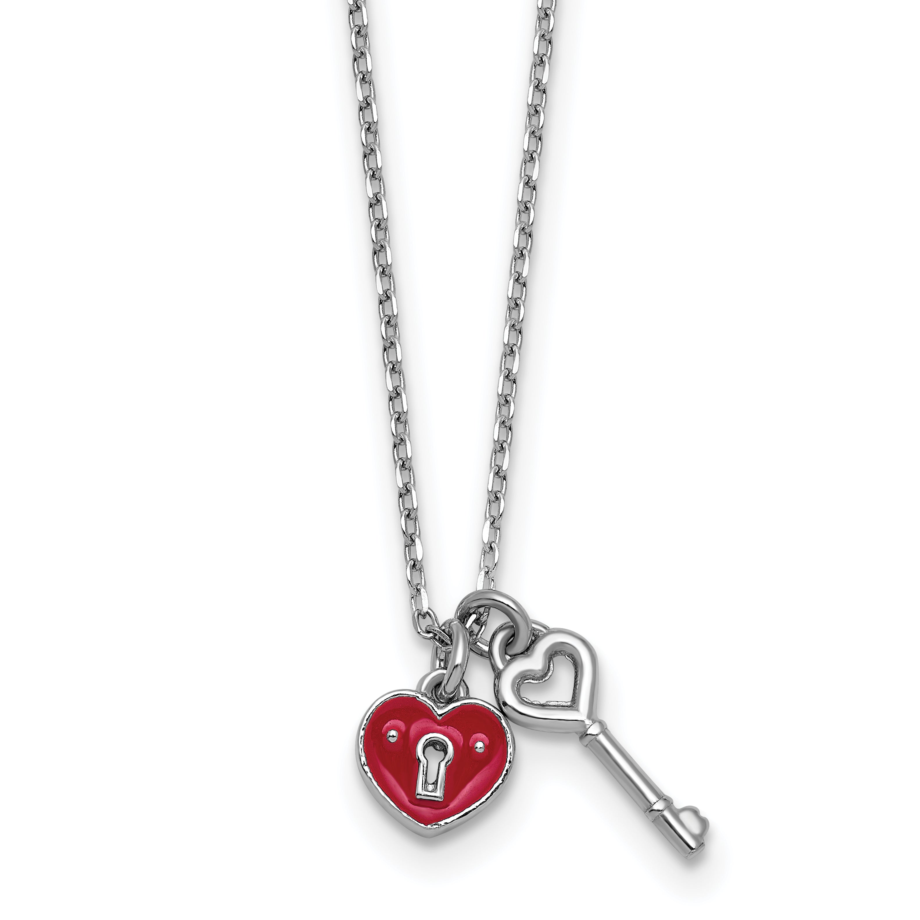 Sterling Silver Rhodium-plated Red Enameled Heart Lock and Key 16 inch with 1 inch extension Necklace Main image