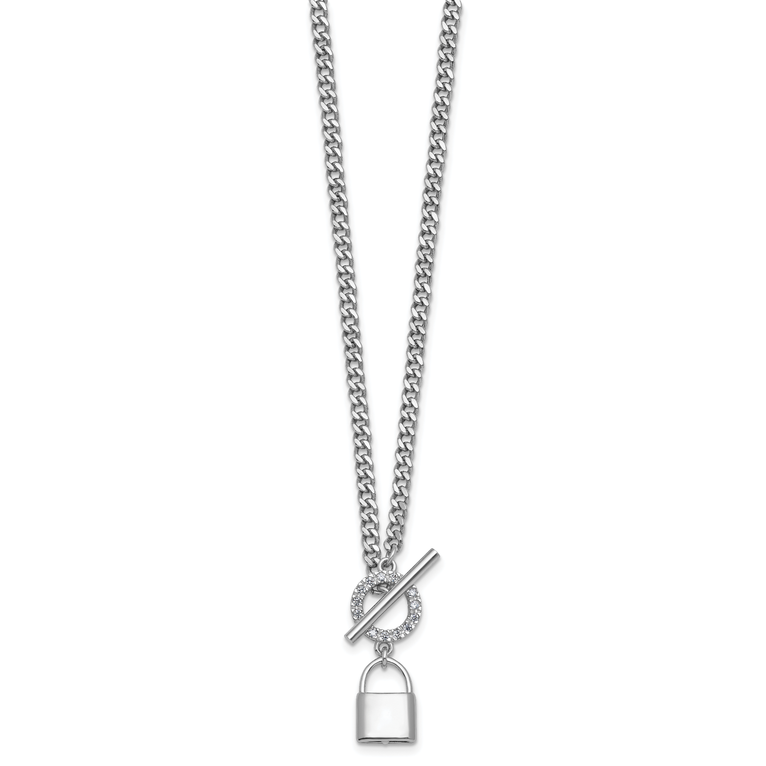 Sterling Silver Rhodium-plated CZ 16 inch with 2 inch extender Lock Pendant Toggle Necklace Secondary image