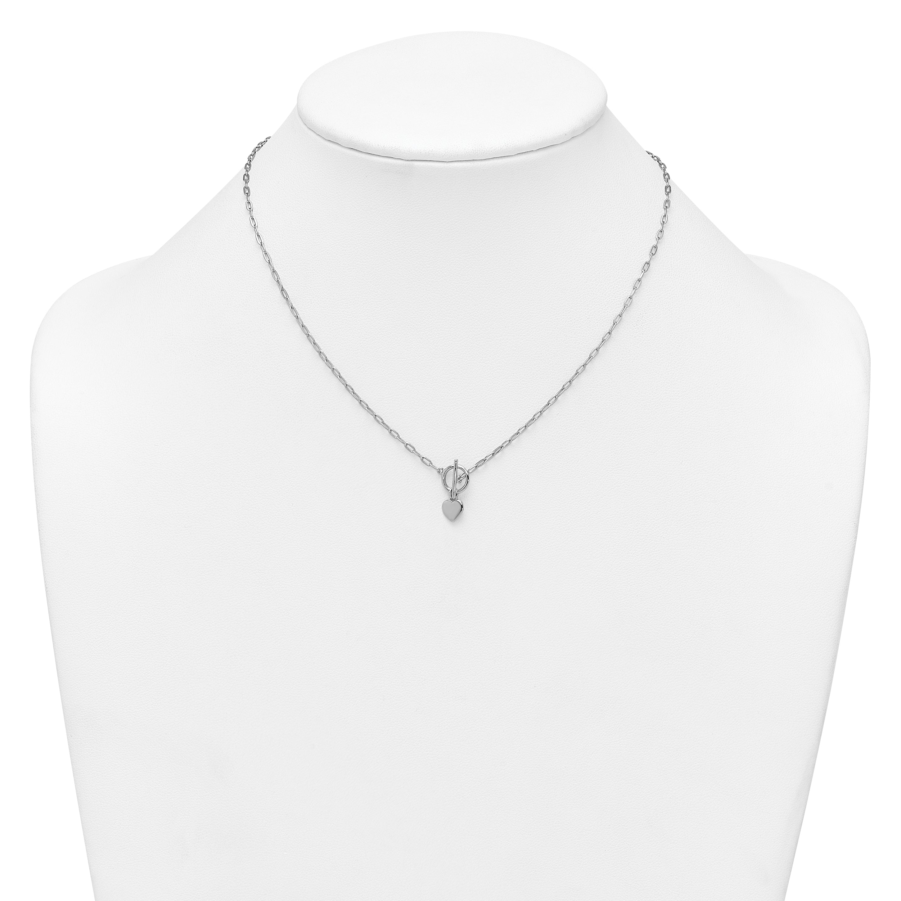 Sterling Silver Rhodium-plated Polished Heart Dangle Paperclip Link 16 Inch with 2 Inch Extension Necklace