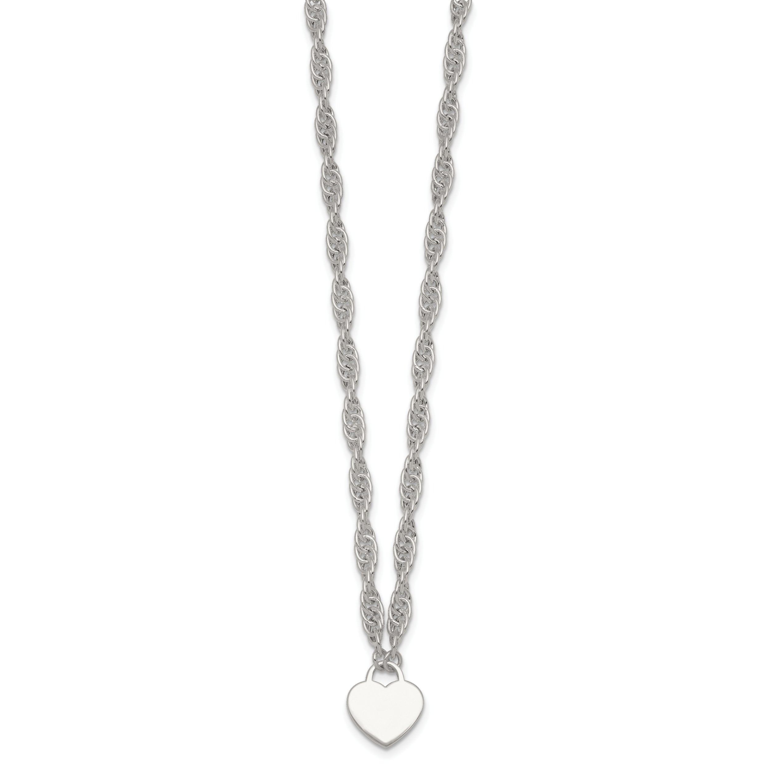 Sterling Silver Polished Fancy Engravable Heart Disc on Rope Chain 16 Inch with 2 Inch Extension Necklace