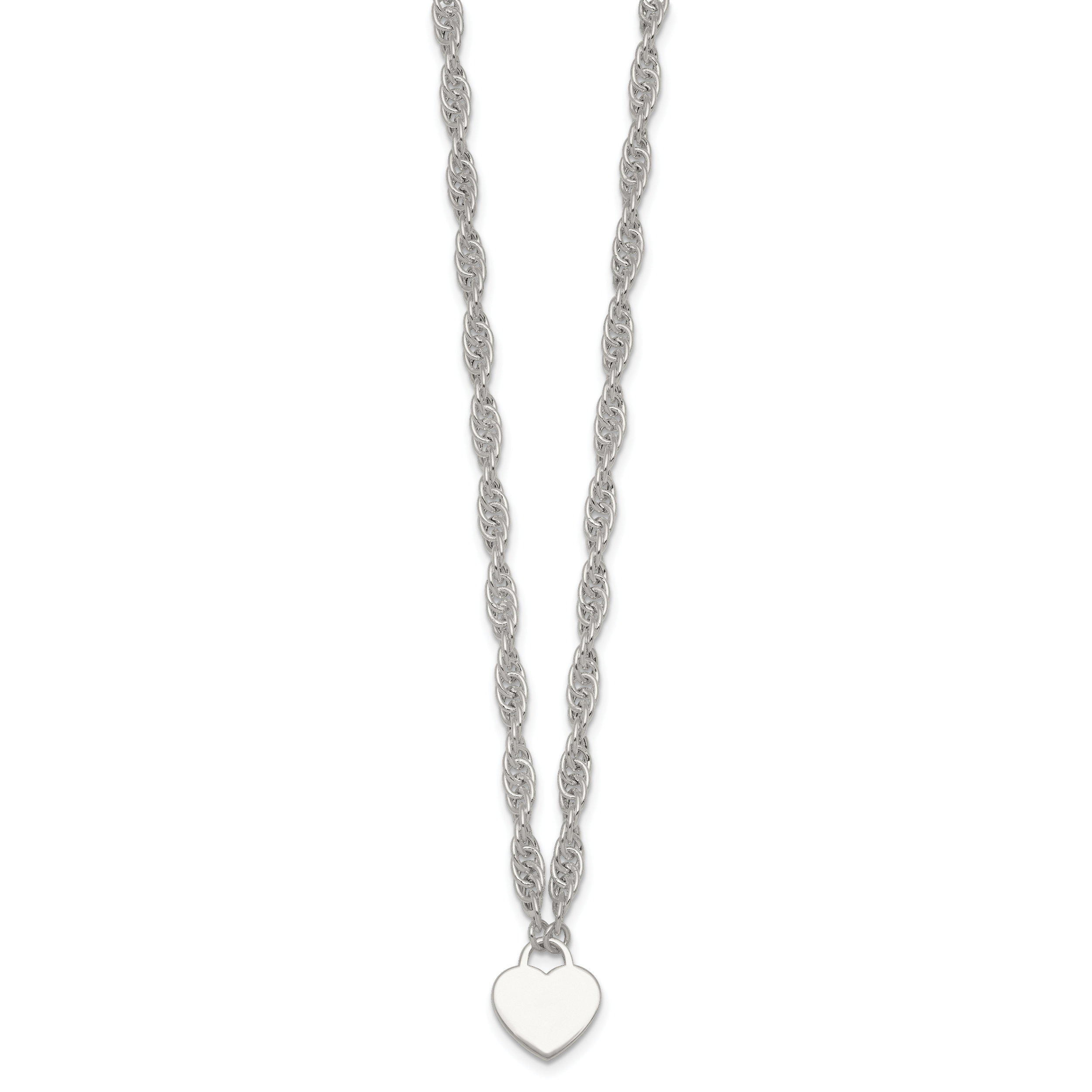 Sterling Silver Polished Fancy Engravable Heart Disc on Rope Chain 16 Inch with 2 Inch Extension Necklace