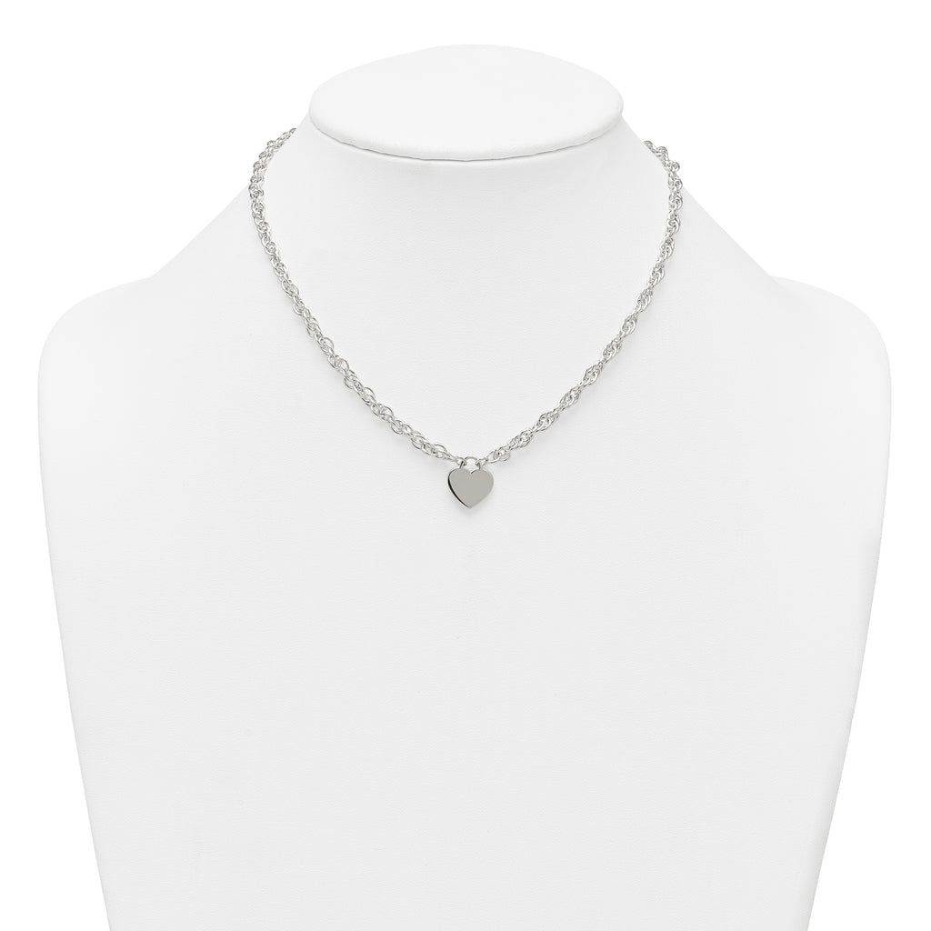 Sterling Silver Polished Fancy Engravable Heart Disc on Rope Chain 16 Inch with 2 Inch Extension Necklace